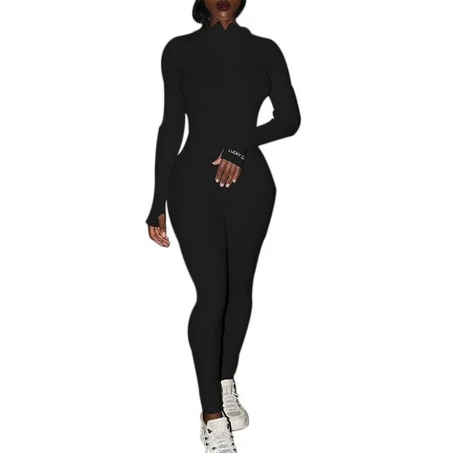JBEELATE Women's Long Sleeve Lucky Label Bodycon Jumpsuit Turtleneck Long Romper Trousers Clubwea... | Walmart (US)