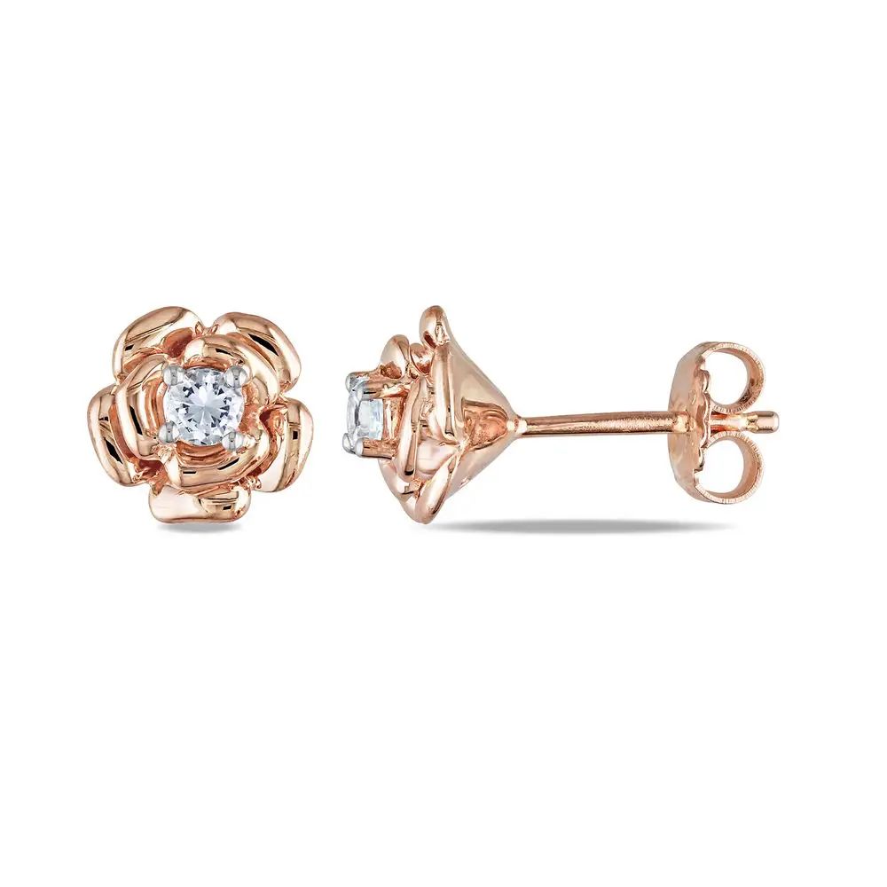 3.0mm Lab-Created White Sapphire Rose Flower Stud Earrings in Rose Gold Plated Sterling Silver | MYKA
