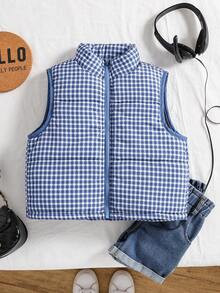 SHEIN Girls' Blue Plaid Sleeveless Padded Vest Jacket, Stand Collar Zip-Up, Suitable For Casual D... | SHEIN