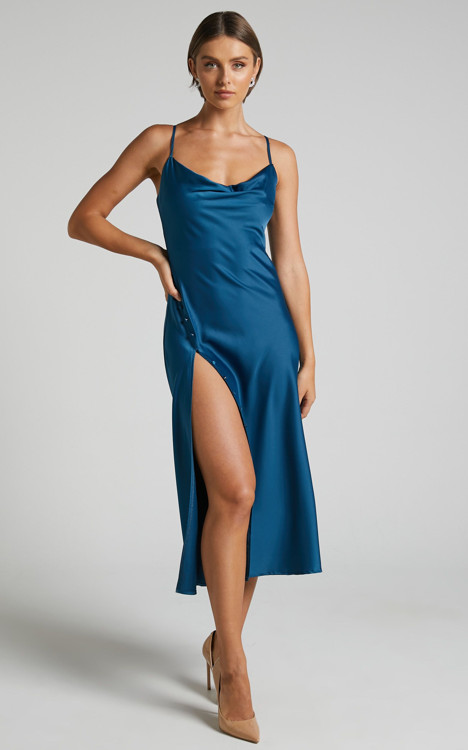 Flordeliza Midi Dress - Cowl Neck Thigh Slit Slip Dress in Steel Blue | Showpo (US, UK & Europe)