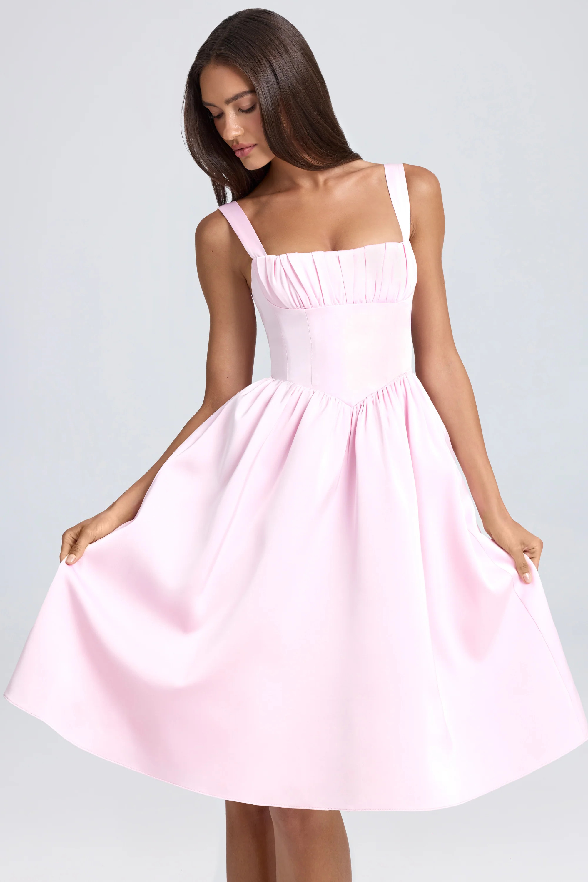 Draped Corset Midaxi Dress in Blush | Oh Polly