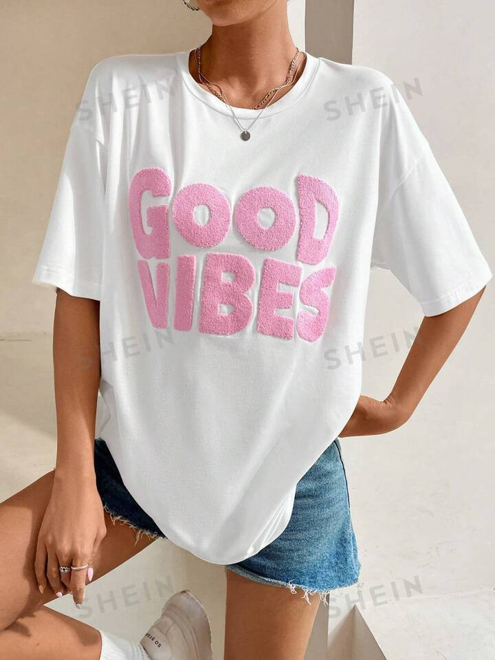 SHEIN Qutie Slogan Graphic Drop Shoulder Tee | SHEIN