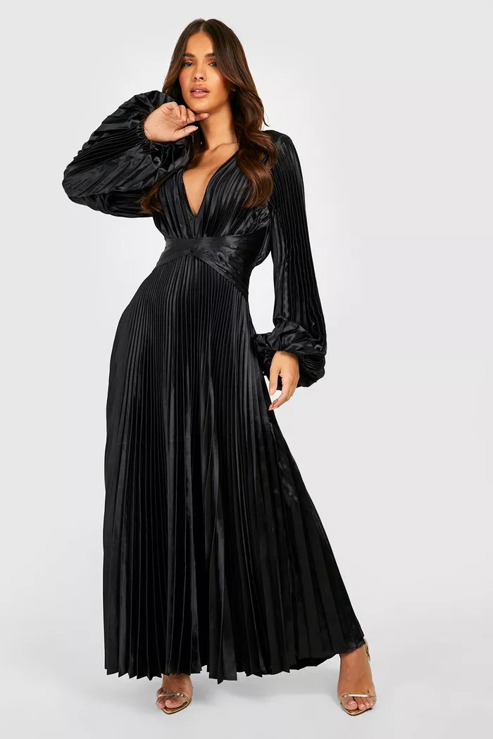 Pleated Satin Oversized Sleeve Midi Dress | boohoo (US & Canada)
