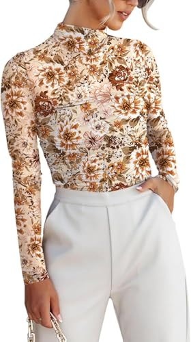 Dressmine Womens Mock Neck Floral Mesh Tops Sexy Long Sleeve See Through Shirts Double Layer Y2K Blouses Beige Medium | Amazon (US)