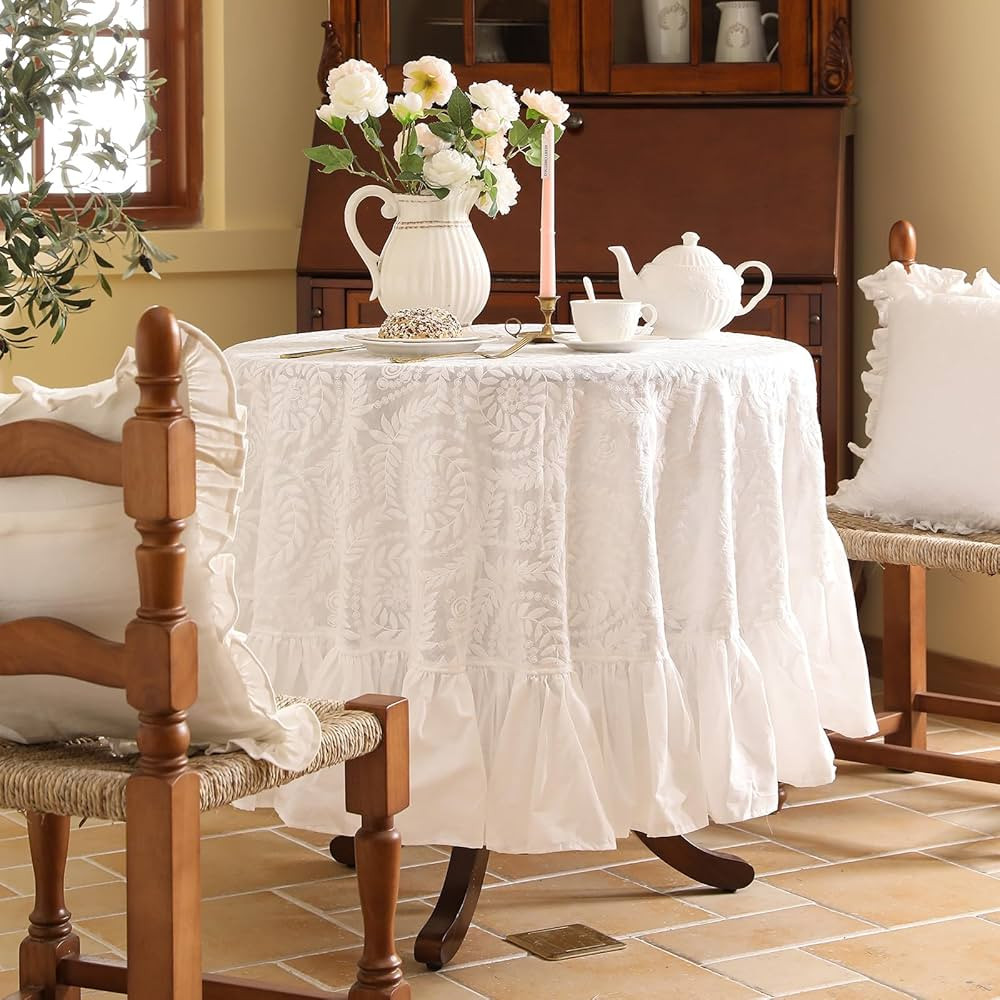 patdrea Vintage Ruffle Tablecloth for Round Tables,Farmhouse Embroidered Cotton White Lace Table ... | Amazon (US)