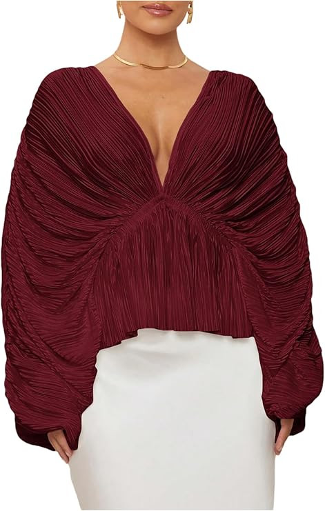 Floerns Women's Elegant Blouse V Neck Dolman Long Sleeve Flare Party Peplum Tops | Amazon (US)