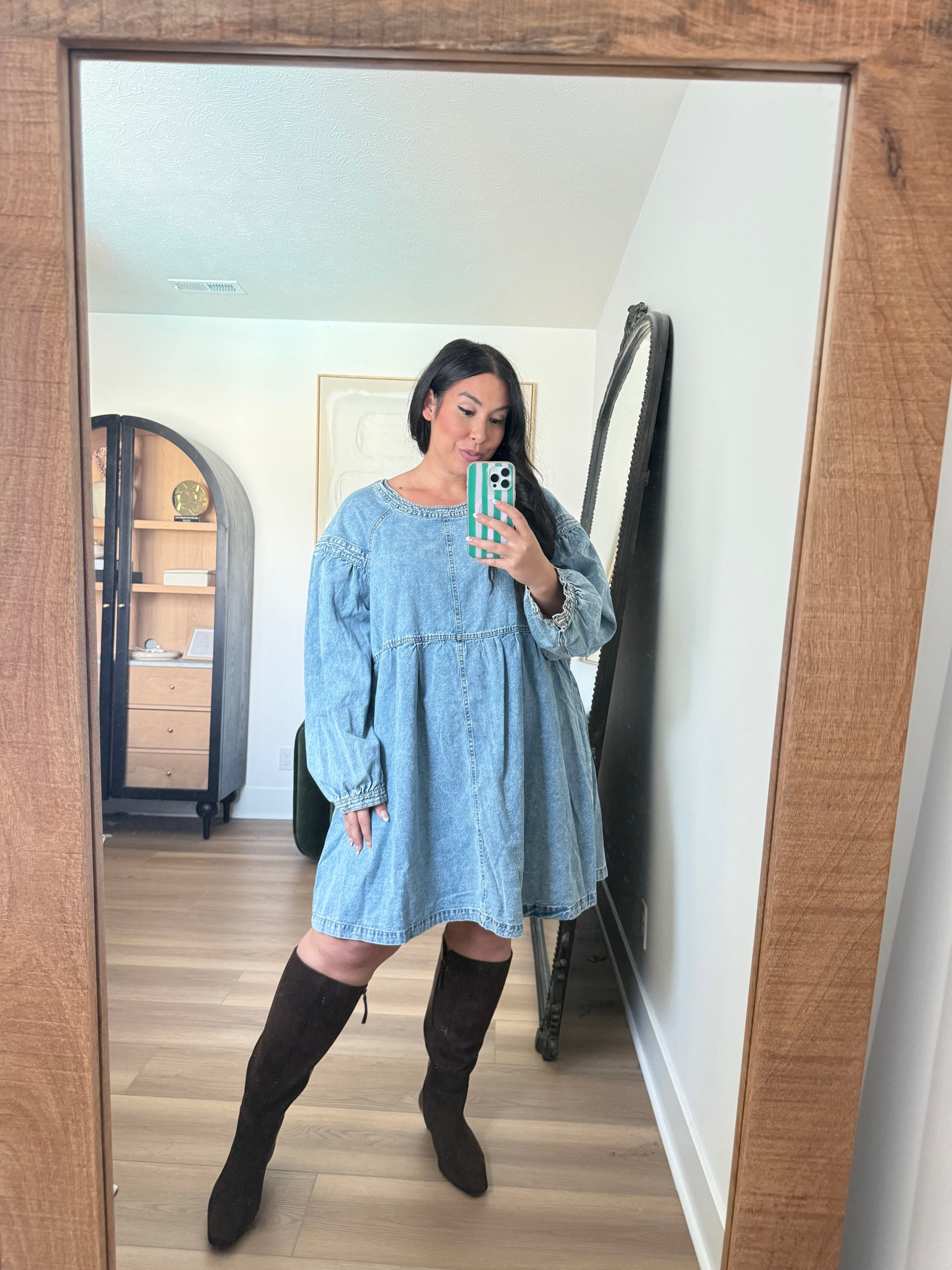 I love an oversized swing denim dress moment but not sure about this one! Wearing a XL! midsize, fall fashion, fall style, walmart skirt, plaid skirt, trending fall, affordable fashion, walmart fashion 

 #LTKSeasonal #LTKMidsize