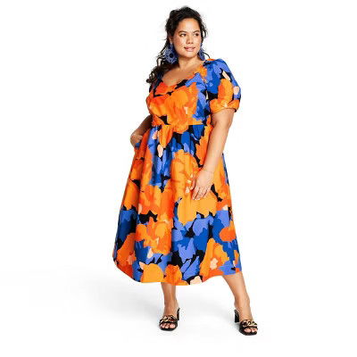 Women's Floral Print Puff Sleeve Tie-Back Midi Dress - Tabitha Brown for Target Orange/Blue | Target