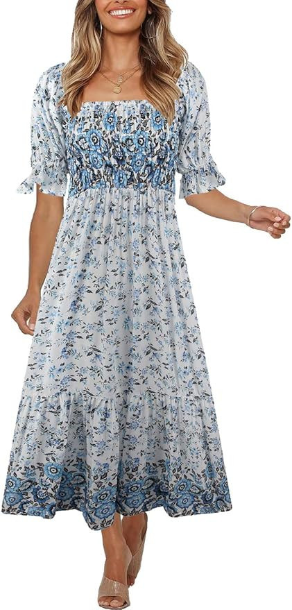 Women's Summer Bohemian Square Neck Floral Print Ruffle Vintage Flowy Beach Vacation Long Midi Bo... | Amazon (US)