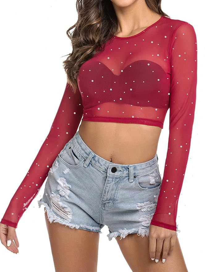 Avidlove Women Mesh Crop Top Long Sleeve See Through Shirt Sheer Blouse O Neck Clubwear S-4XL | Amazon (US)