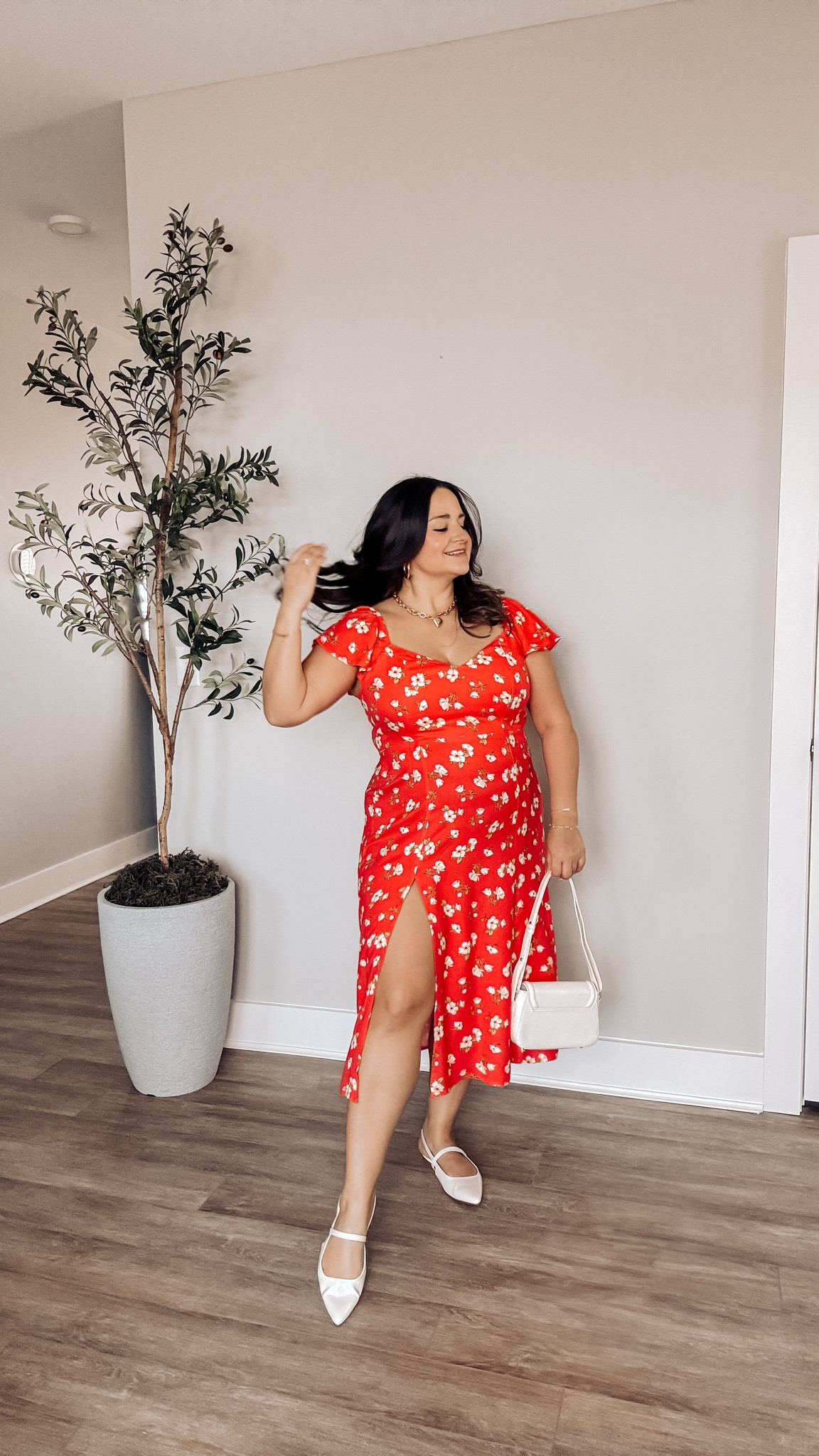 Such a sweet floral dress! 🌺 Wearing a size large petite! I love the tasteful slit and pointed toe flats! 

This would be so cute to wear as a bridal shower dress, baby shower dress, date night dress, or wedding guest dress!

Plus size, midsize, petite, red dress, dress with sleeves, sling back flats, mom outfit, casual dress, orange dress, old navyy

#LTKPetite #LTKPlusSize #LTKMidsize