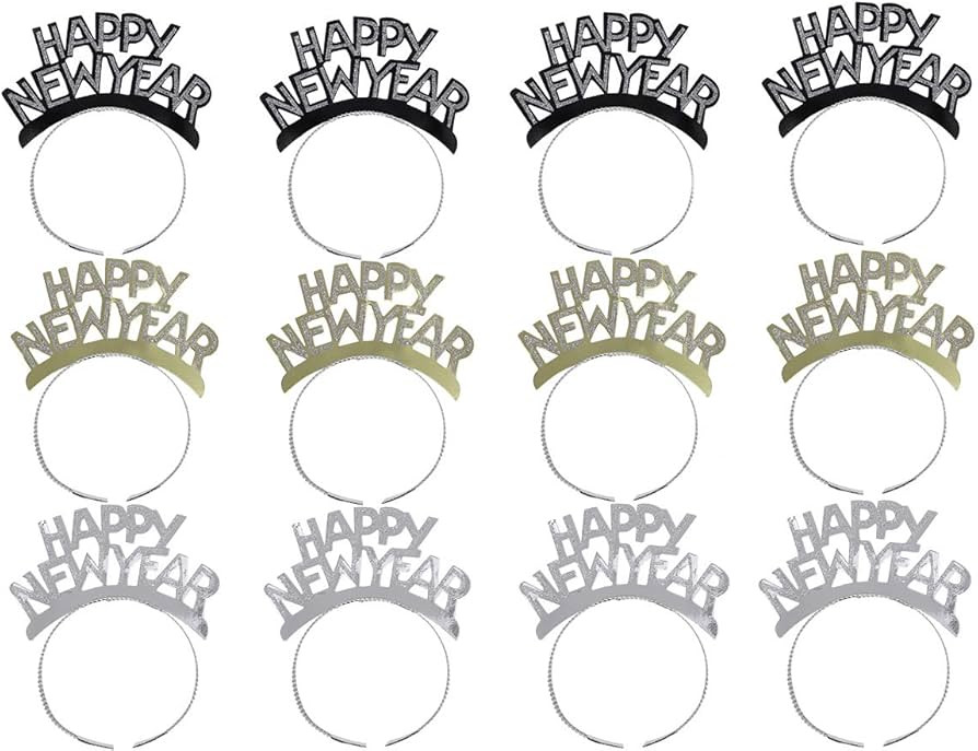 Amosfun HAPPY NEW YEAR Headband Tiara New Years Party Favors Gold Silver Black 12 Pieces | Amazon (US)
