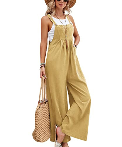 Women's Casual Boho Wide Leg Rompers Classic Cozy Solid Color Overalls Loose Fit Jumpsuits with Pockets for Daily | Amazon (US)