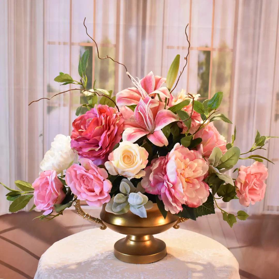 Pink Silk Flower Centerpiece: Roses, Peonies, Gold Vase | Etsy (US)