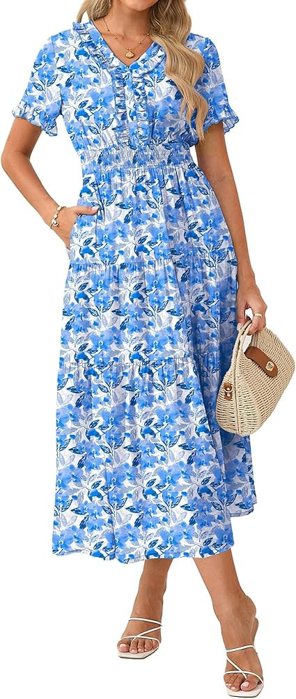 GRACE KARIN 2026 Women's Short Sleeve V-Neck Ruffle Maxi A Line Dresses with Pockets | Amazon (US)