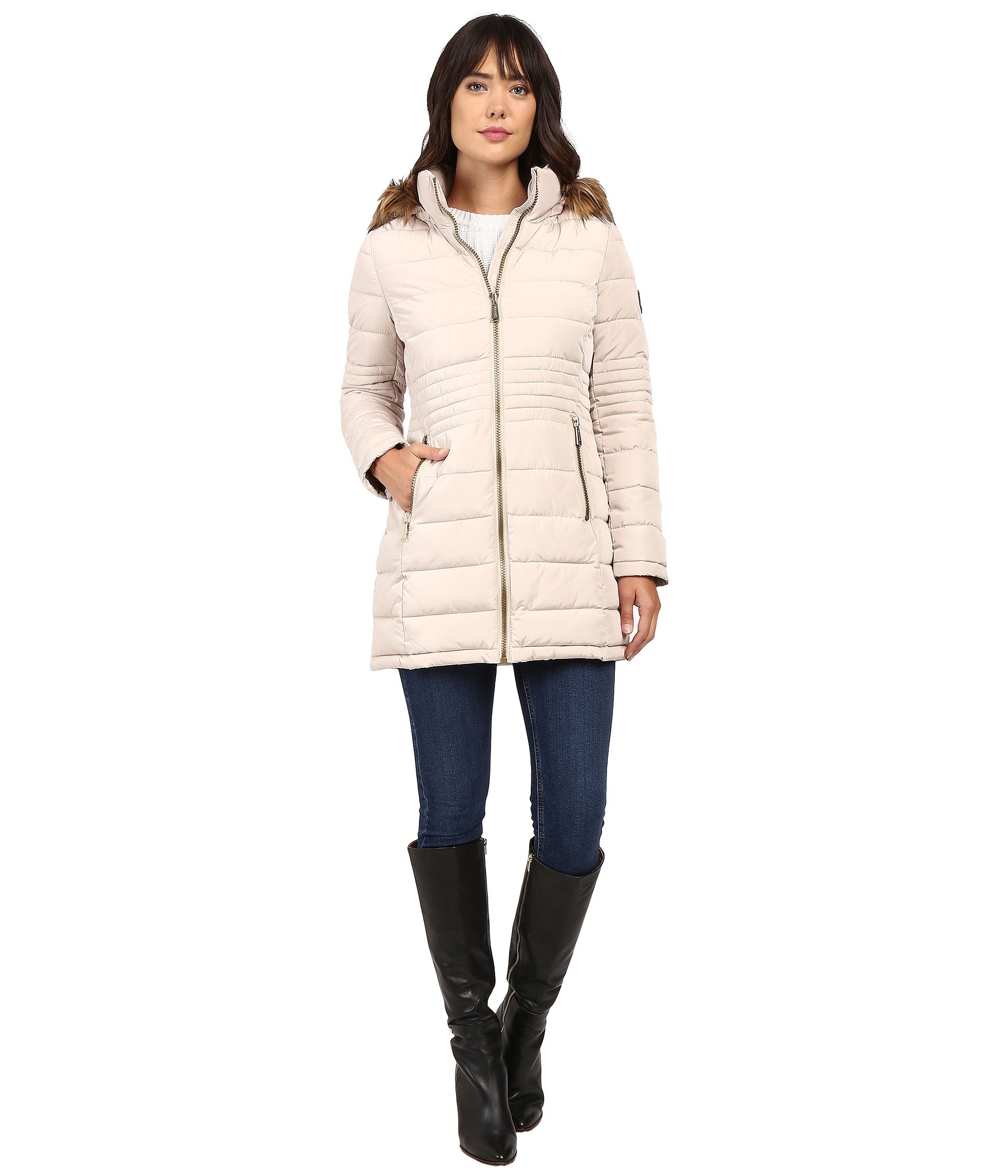 Calvin Klein Long Fur Trimmed Down w/ Waist Detail | Zappos