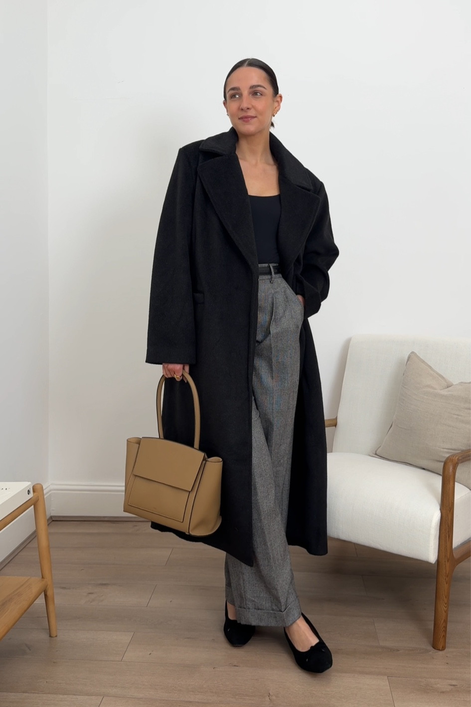 Office outfit, workwear, black coat, charcoal coat, grey trousers, tailored trousers, wool trousers, autumn outfit, suede ballet flats, LilySilk, Flattered, Pretty Lavish, H&M 

#LTKeurope #LTKworkwear #LTKstyletip