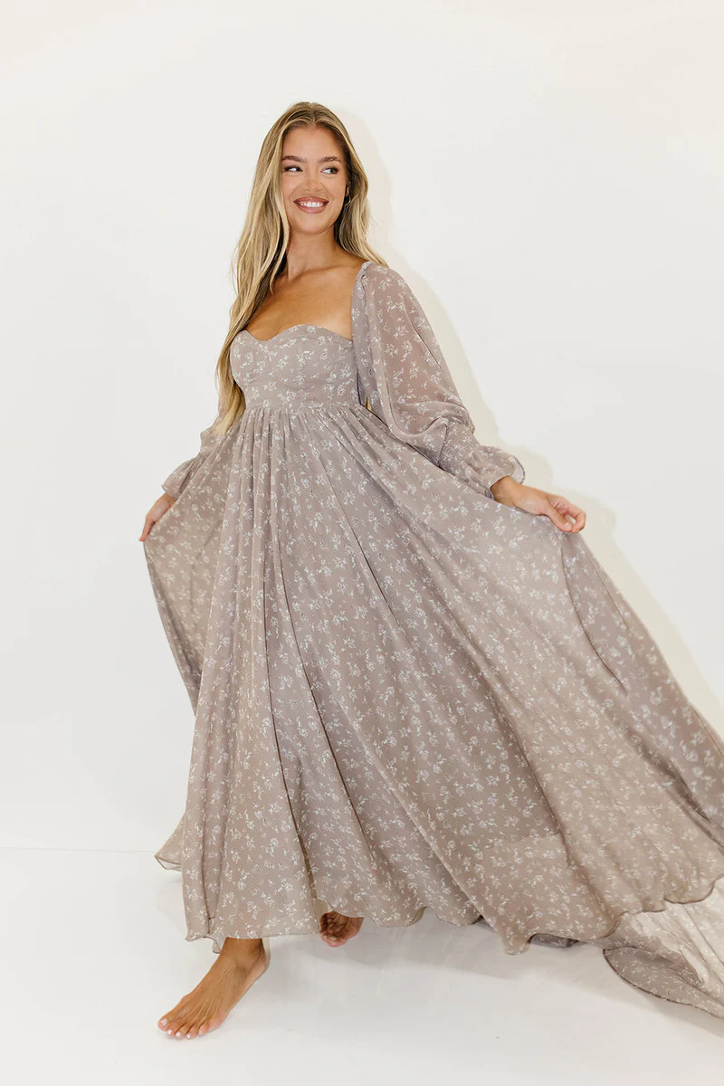 Delilah Maxi Dress with Train in Taupe - Bump Friendly | Worth Collective