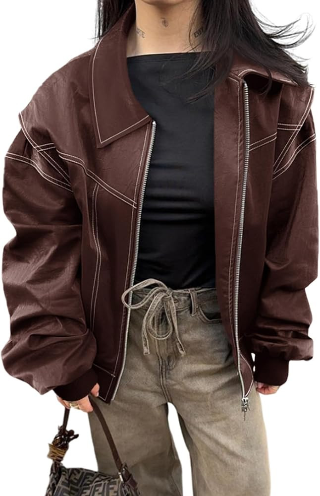 Tankaneo Womens Oversized Leather Bomber Jackets Cap Sleeve Zip Up Motorcycle Coats with Pockets | Amazon (US)