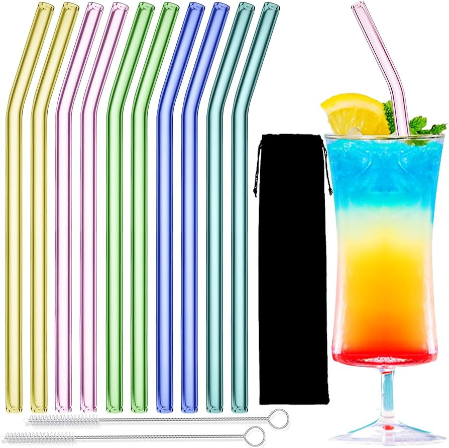Glass Straws – 10pcs Pink Bent Glass Straw Set, 8'' Reusable Straws With Cleaning Brush For Tum... | Amazon (US)