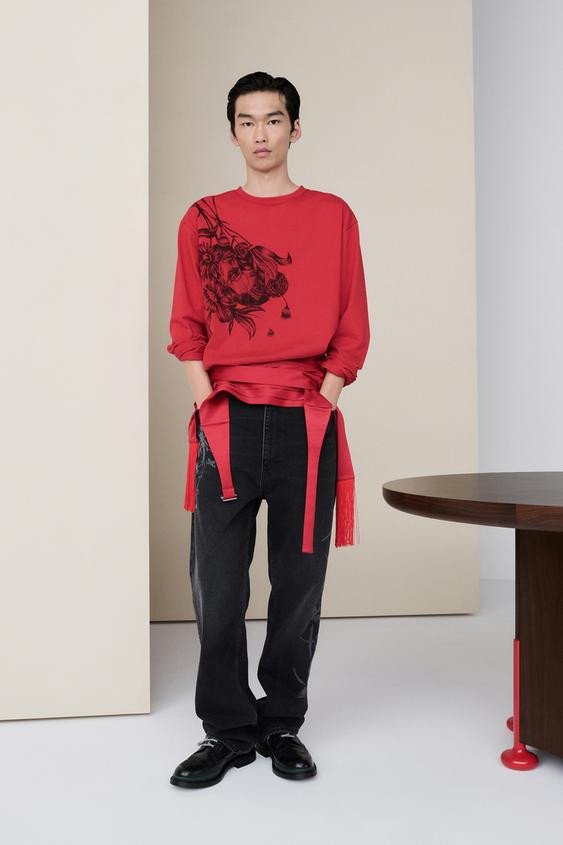 Zara - Contrast Print Long Sleeve T-Shirt - White - S - Man | Zara UK