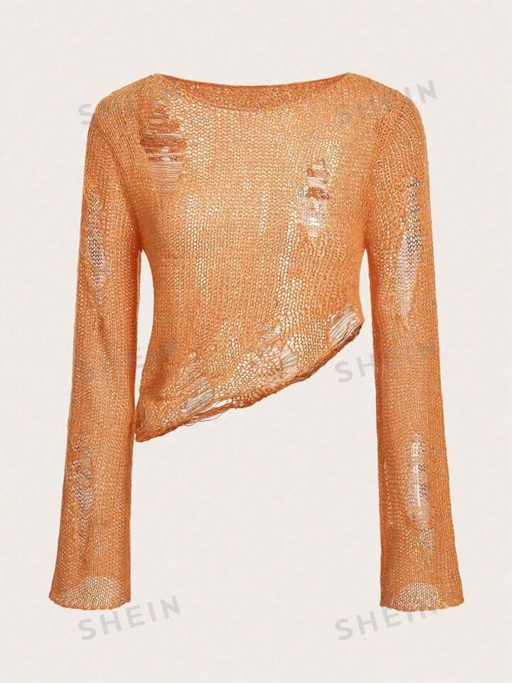 SHEIN ICON Ripped Asymmetrical Hem Crop Sweater | SHEIN