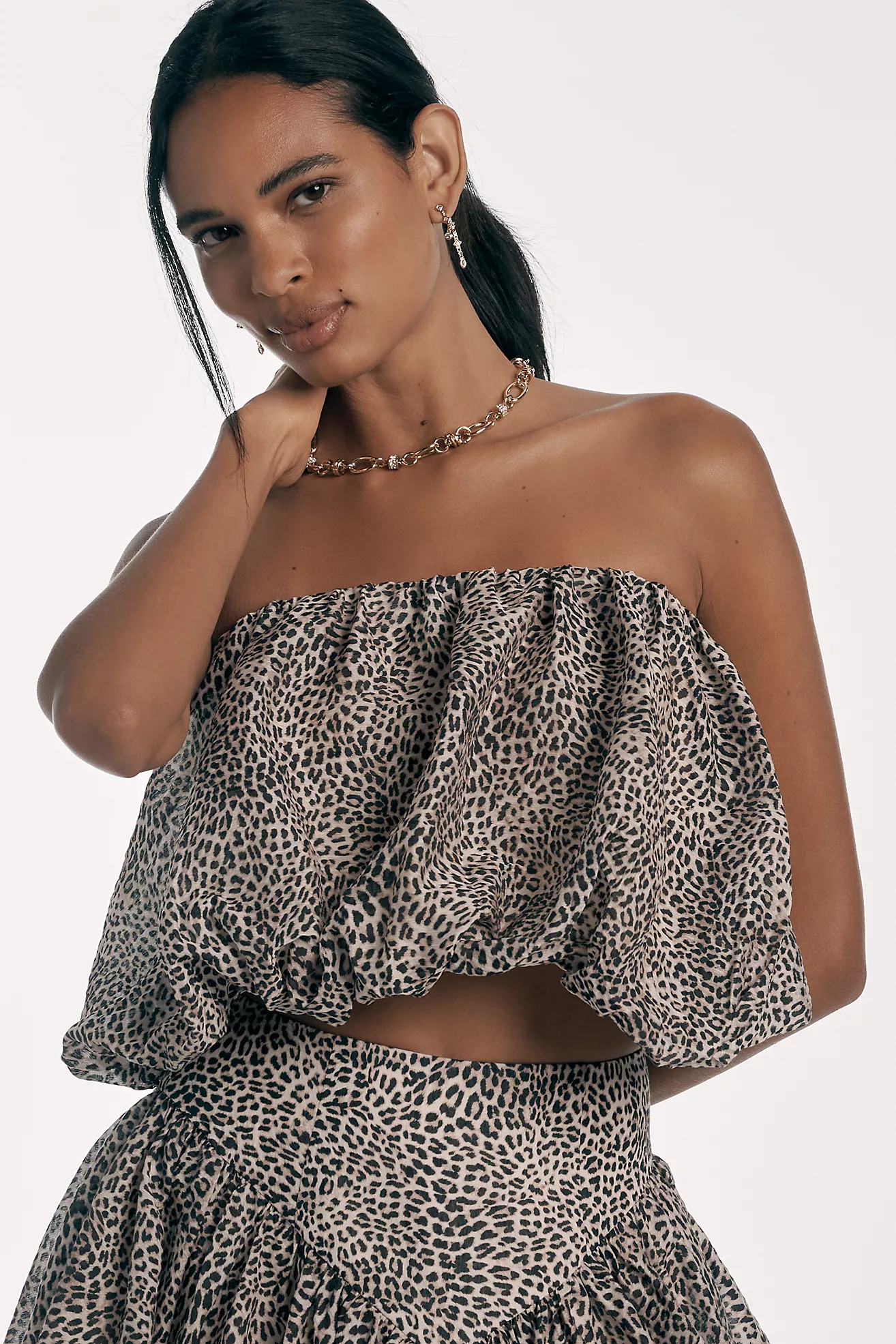 Bardot Lissett Leopard Strapless Bubble-Hem Blouse | Anthropologie (US)