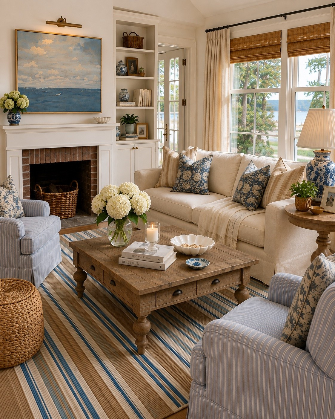 Coastal cottage meets cozy family room 🤍 I pulled together this look with warm wood tones, soft blue florals, classic stripes and that dreamy coastal artwork. I love how the mix feels collected and timeless instead of overly “themed.” Everything used to create the look is linked here—including the coffee table, side table, pillows, rug, art and scalloped bowl. 🩵

Shop the pieces below to recreate the look.