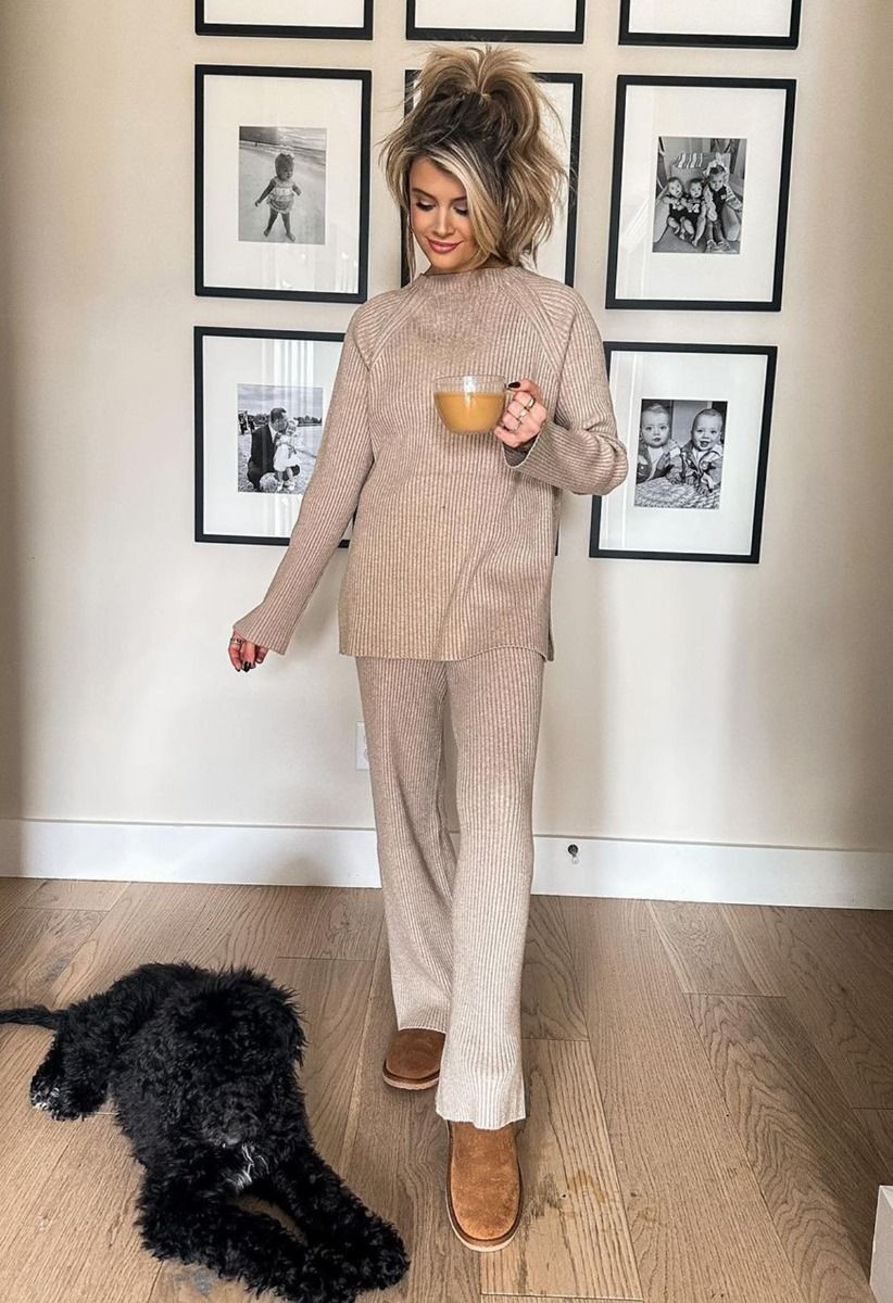Rib Knit Split Hem Sweater and Pants Set in Sand | Chicwish