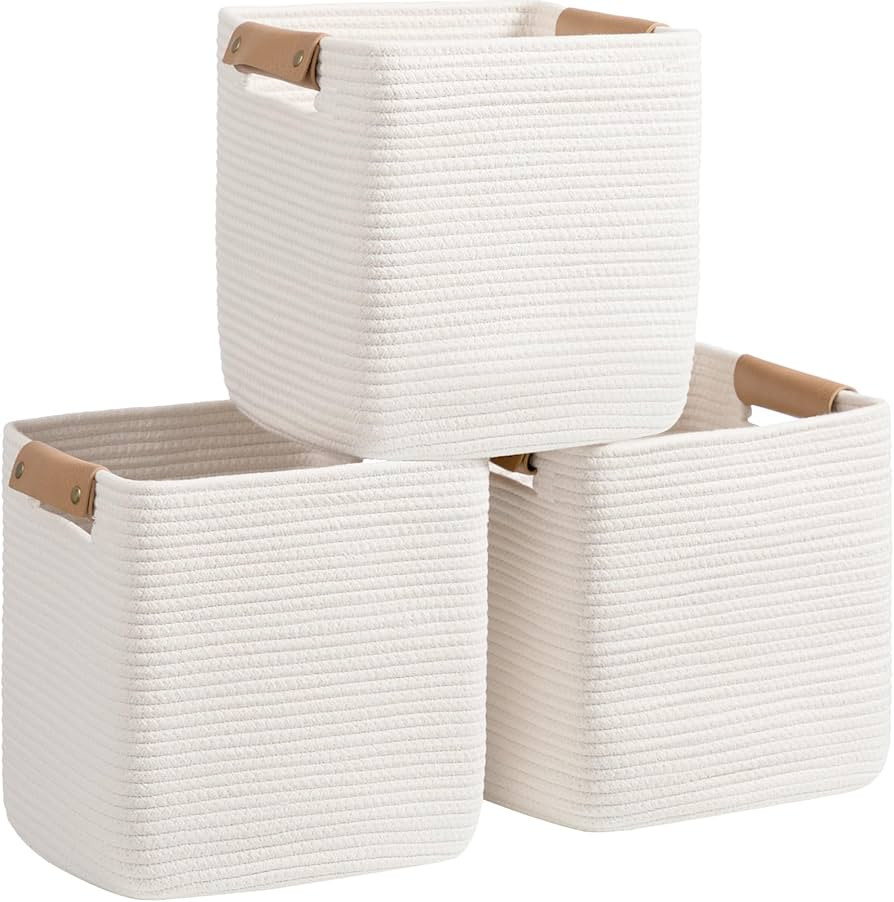 danpinera Set of 3 Storage Baskets, 11 Inch Cube Storage Bins, White Woven Baskets for Storage wi... | Amazon (US)