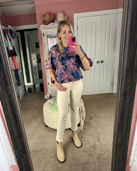 Cute casual spring outfit idea. Bubble hem top from Chicos runs true to size. Wearing 00 xs. 
#springoutfit #jeans #styleinspo

#LTKover40 #LTKfindsunder100 #LTKSeasonal