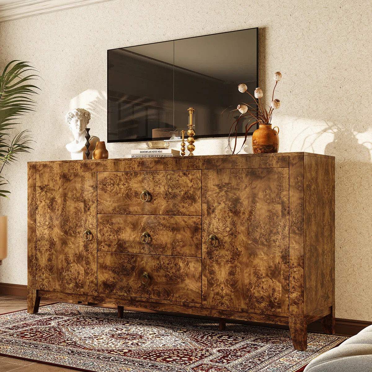 Dorne 60" Modern High Gloss Burl Sideboard with Adjustable Shelves, Brown | Wayfair North America