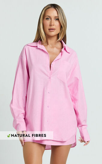 Anziel Top - Oversized Long Sleeve Linen Blend Shirt in Pale Pink | Showpo (US, UK & Europe)
