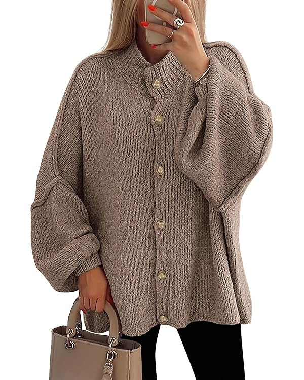 PRETTYGARDEN Women's Winter Button Down Cardigan Sweaters Mock Neck Lantern Long Sleeve Chunky Kn... | Amazon (US)