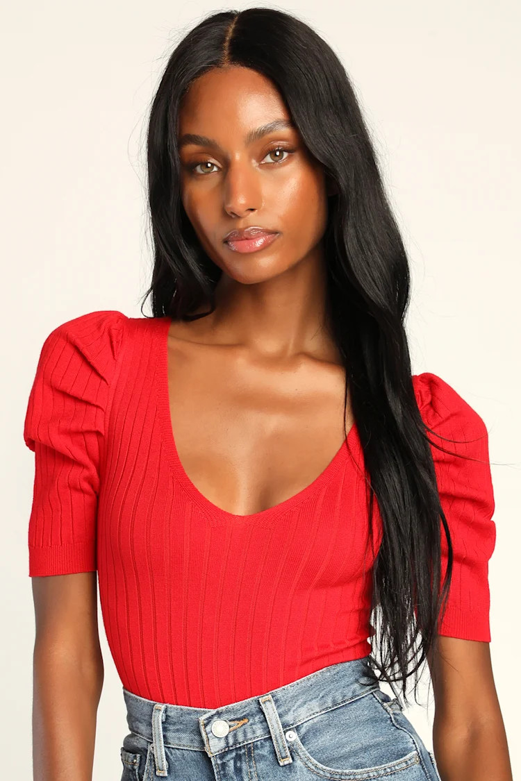 Looks for Days Bright Red Puff Sleeve Bodysuit | Lulus (US)