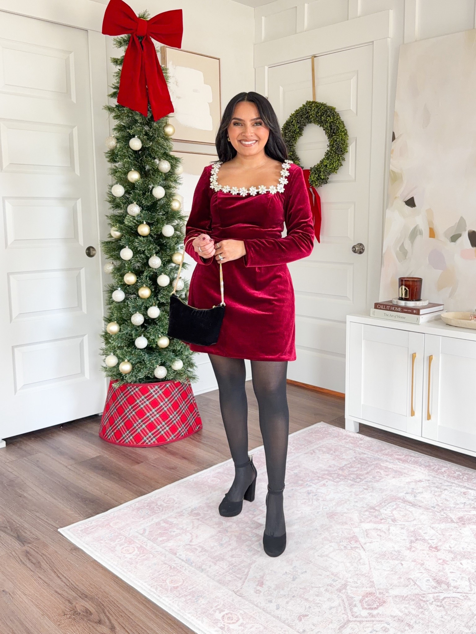 Burgundy dress size 2 TTS - I have a little room in the shoulders so size down a size if youre in between sizes
Black tights size small TTS
Black platform heels size 5 TTS


#LTKPetite #LTKFindsUnder100 #LTKHoliday