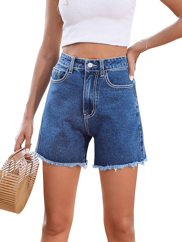 SweatyRocks Women's High Waist Denim Shorts Straight Leg Raw Hem Jean Shorts Summer Hot Pants with P | Amazon (US)