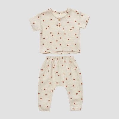 Q by Quincy Mae Baby 2pc Apples Gauze Short Sleeve Top & Bottom Set - Off-White | Target