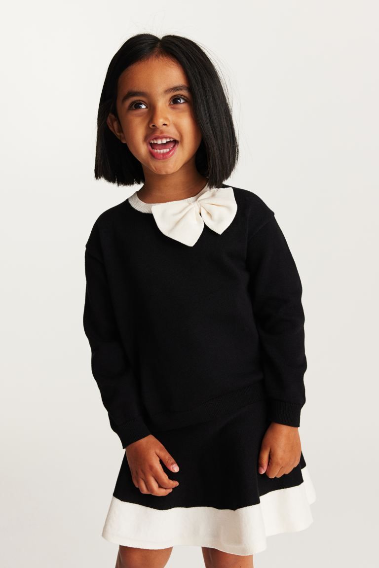 2-piece Fine Knit Cotton Set - Black/White - Kids | H&M AU | H&M (AU)