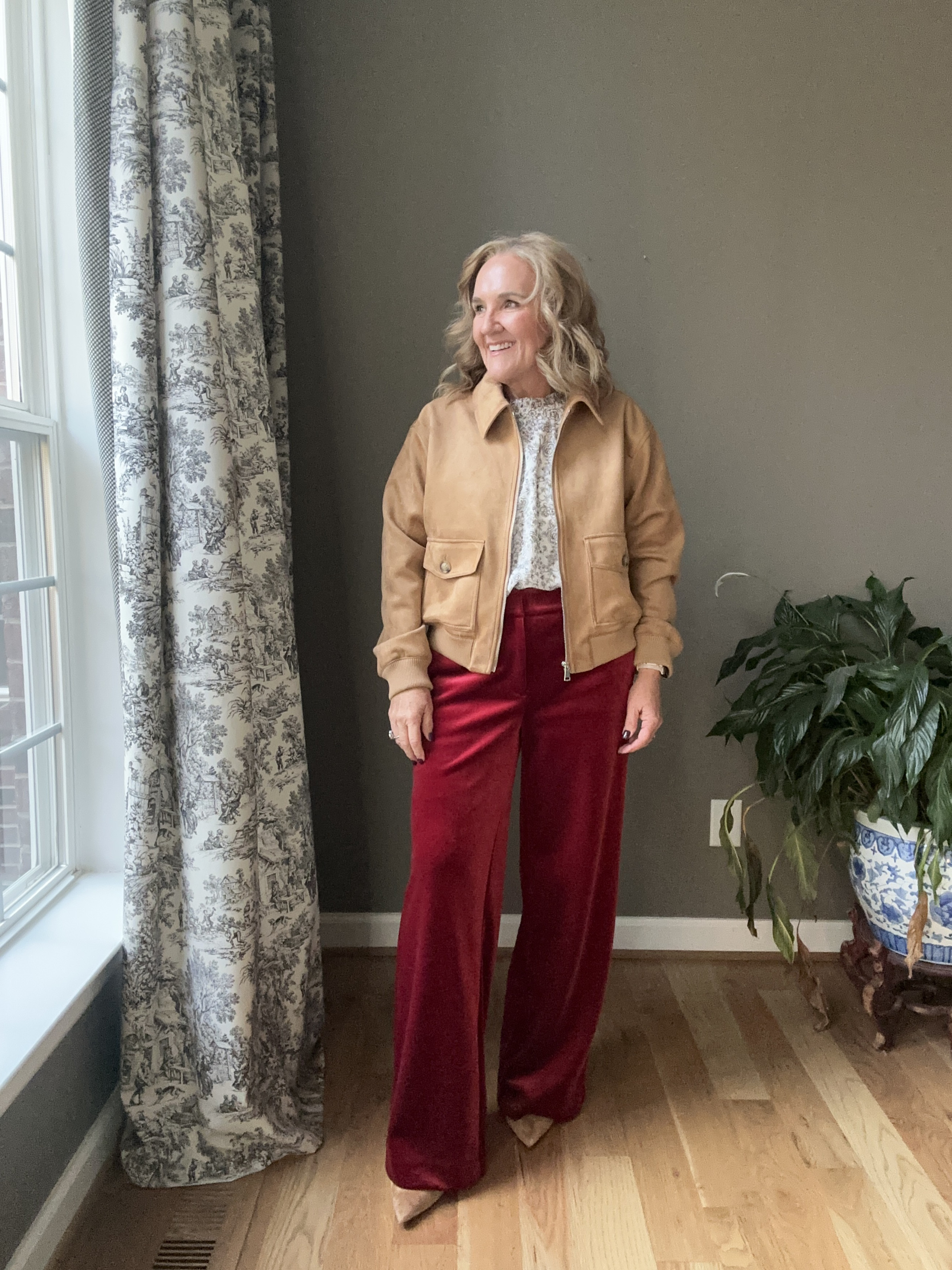 Faux suede bomber and blouse size med. 
velvet pants size 8

Wear the clothes! If you love them, make a date with friends and wear them. 

My booties I size up a 1/2 size 

Velvet pants loft outfit office party outfit camel jacket Thanksgiving outfit 

#LTKFindsUnder100 #LTKOver40 #LTKHoliday