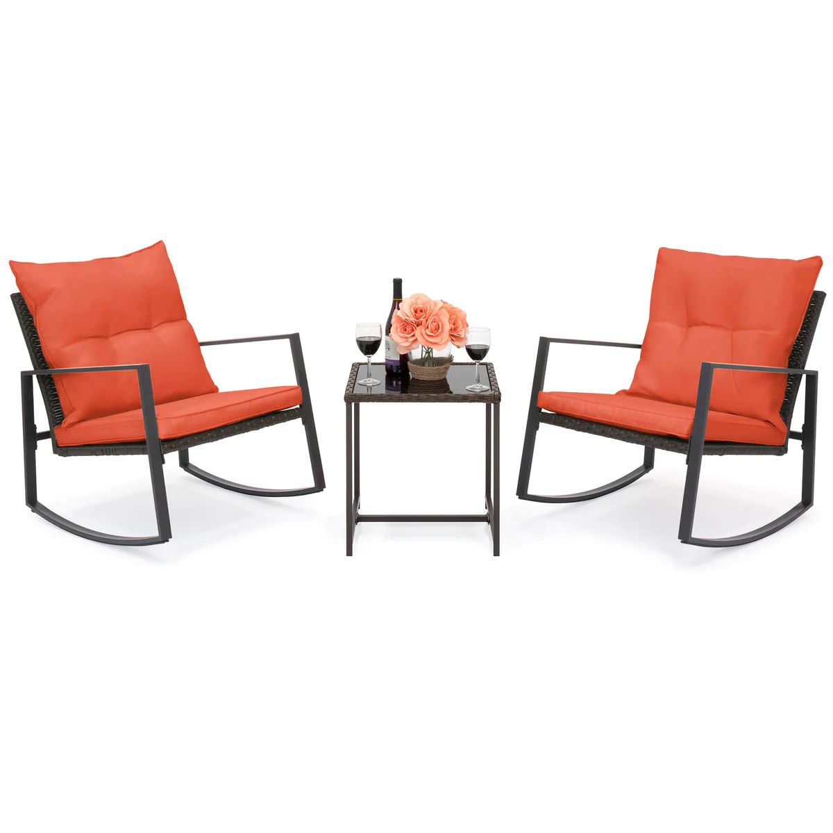 3-Piece Wicker Bistro Furniture Set w/ 2 Rocking Chairs, Glass Side Table | Best Choice Products 