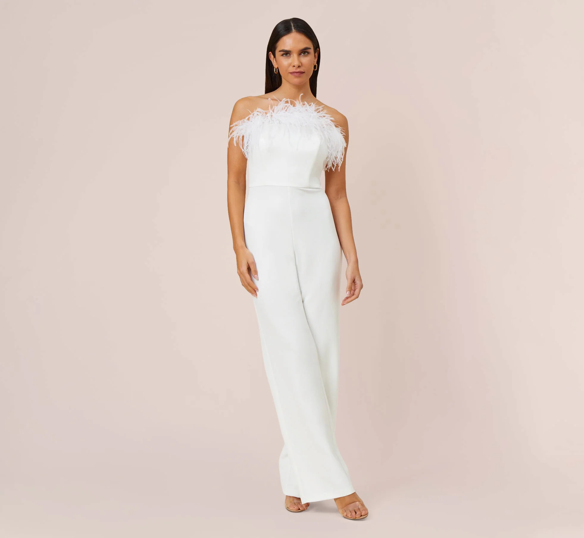 Feather-Trim Crepe Strapless Jumpsuit In Ivory | Adrianna Papell