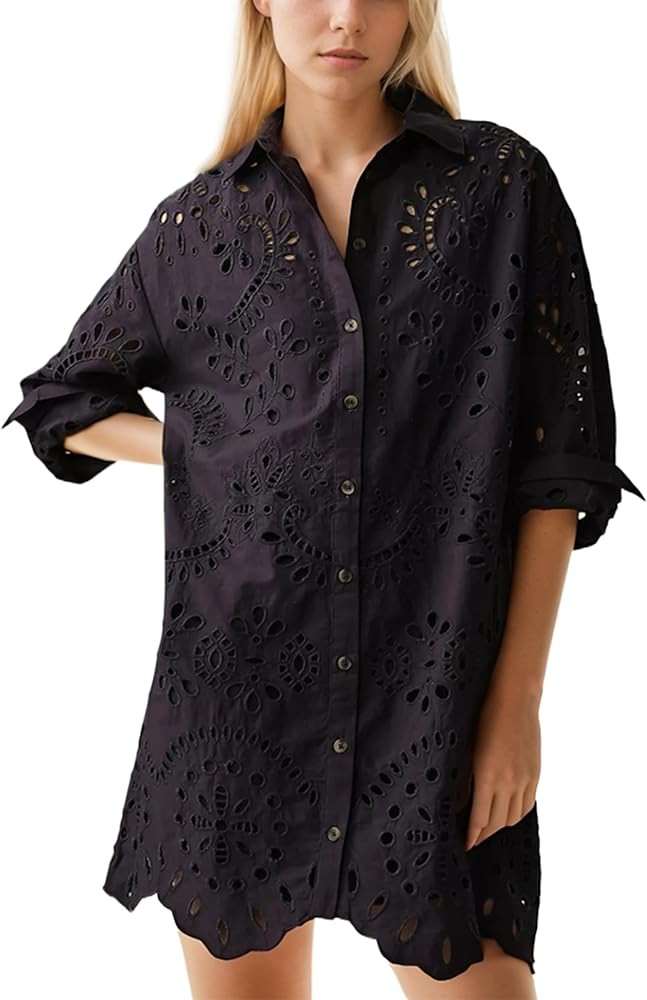 Livtany Women’s Button Down Shirt Dress Solid Eyelet Embroidery Cover Up Dress Casual Oversized... | Amazon (US)