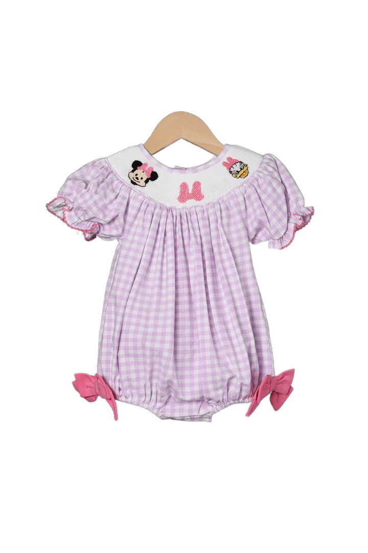 Smocked Mouse Bow Lavender Gingham Bubble | The Smocked Flamingo