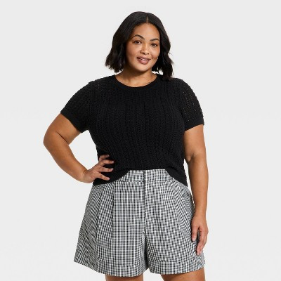Women's Short Sleeve Crochet Sweater Top - A New Day™ Black 1X | Target