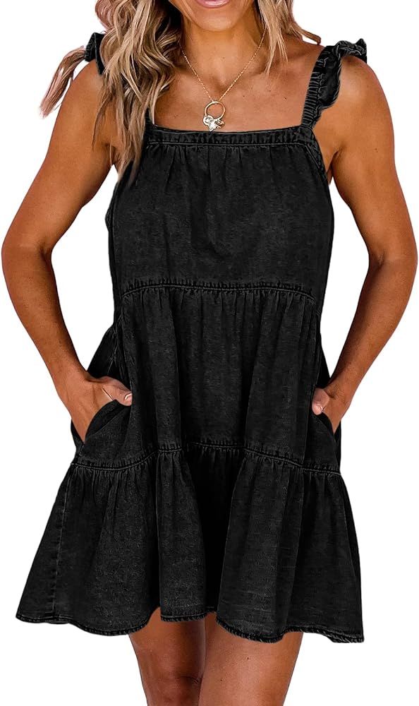 Newffr Womens Summer Denim Dress Square Neck Ruffle Trim Sleeveless Babydoll Dress Flowy Jean Dre... | Amazon (US)