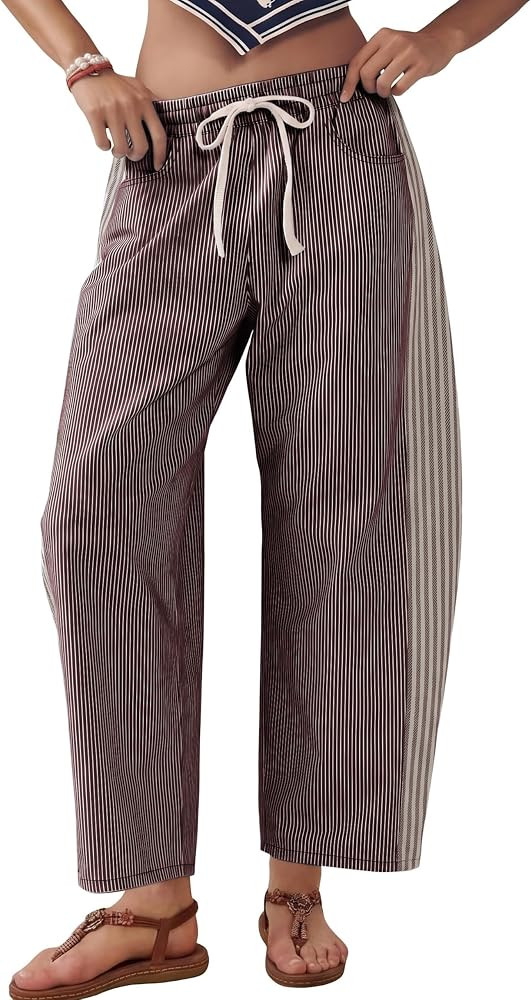 SCUSTY Women's Baggy Wide Leg Jeans Mid Rise Barrel Denim Ankle Pants Casual Striped Pull On Draw... | Amazon (US)