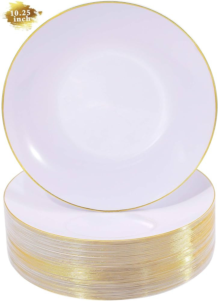 Nervure 100 Pieces Gold Plastic Plates - 10.25inch Gold Dinner Plates - Heavyweight White and Gold D | Amazon (US)