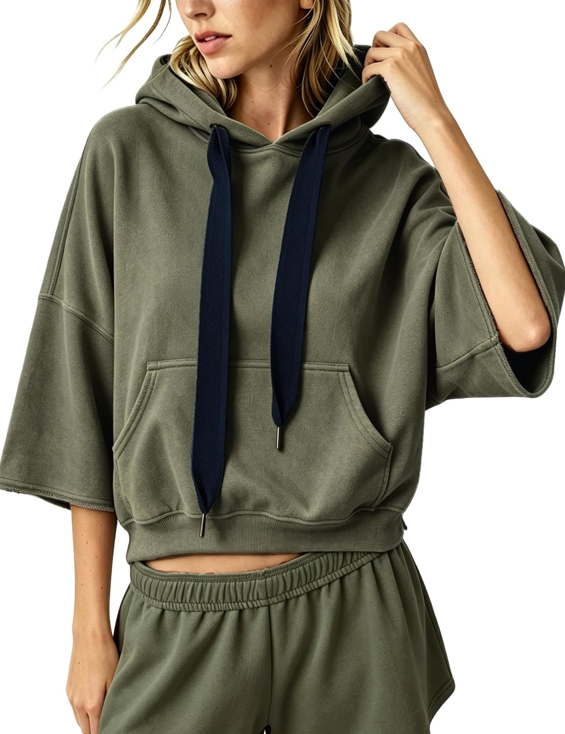 Megfie Womens Cropped Three Quarter Sleeve Hoodie Cotton Washed Sweatshirts | Amazon (US)