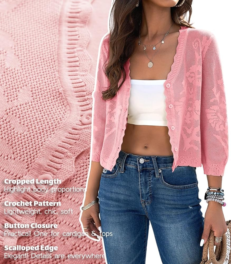 Kate Kasin Women's Cropped Cardigan Sweaters Trendy Lightweight 3/4 Sleeve Button Down Crochet Te... | Amazon (US)